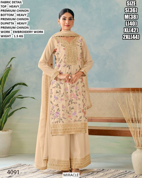 Chinon Embroidered Kurta Palazzo Dupatta Set For Women