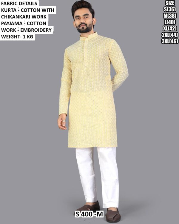 Men Cotton Chikankari Embroidered Kurta Pajama Set