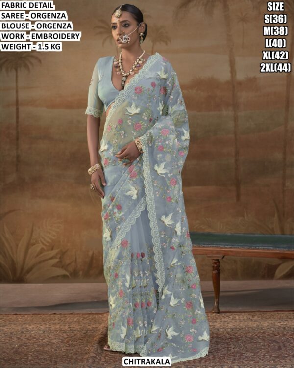 Premium Organza Saree With Bird And Flower Design