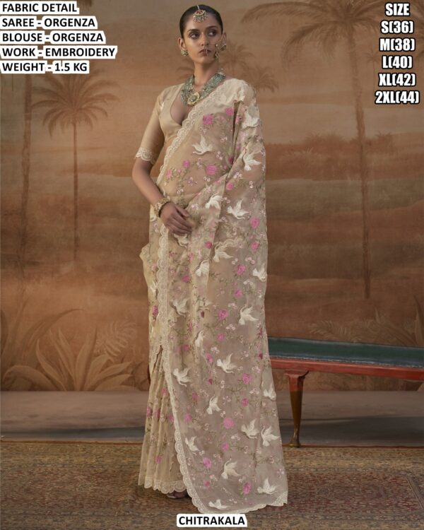 Premium Organza Saree With Bird And Flower Design