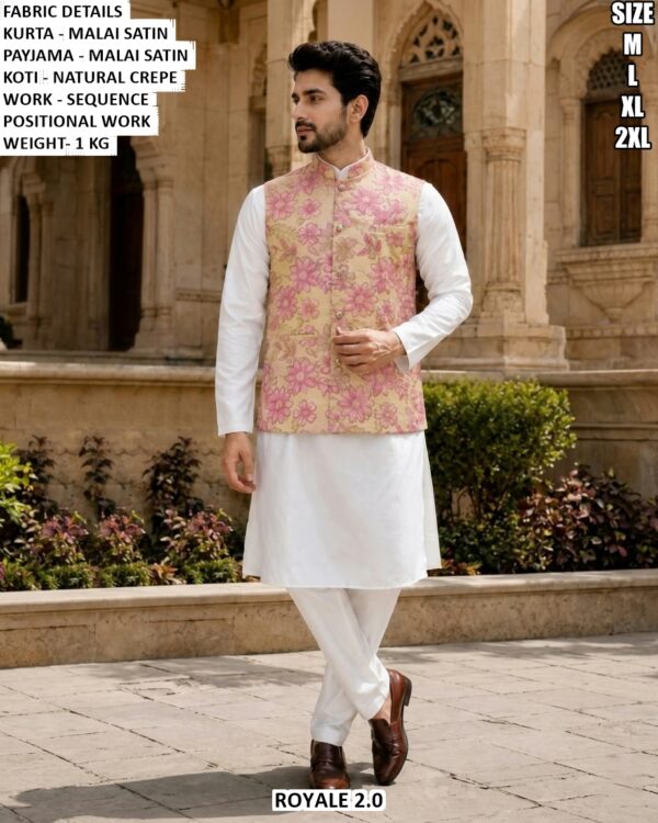 Men’s Malai Satin Kurta Pajama With Designer Koti