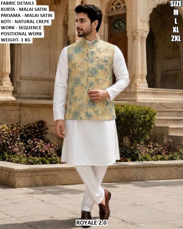Men’s Malai Satin Kurta Pajama With Designer Koti
