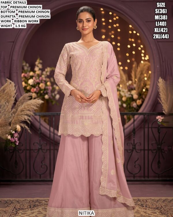 Premium Chinon Kurta Palazzo Set With Ribbon Work