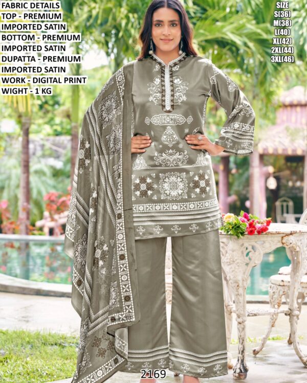 Digital Print Satin Kurti Palazzo Set With Dupatta