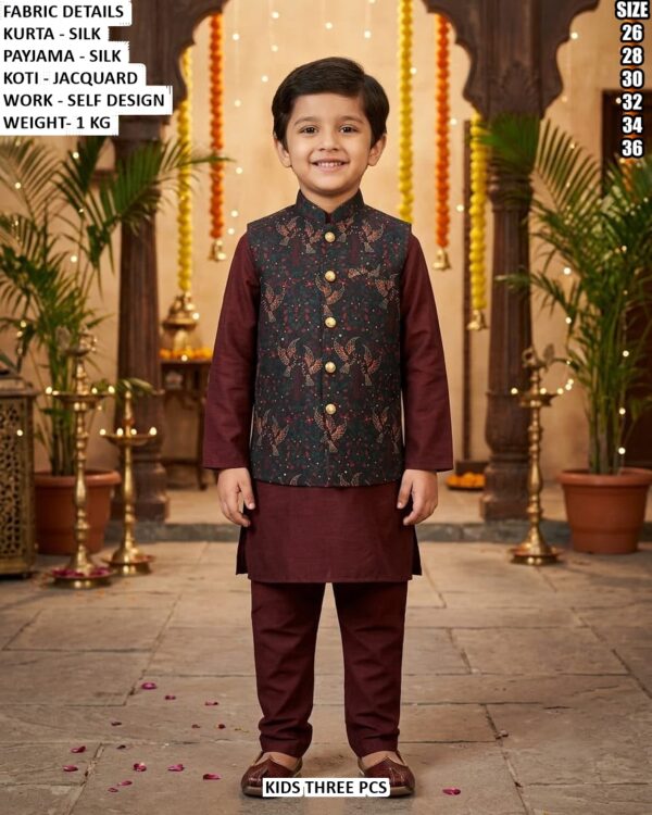 Boys Silk Kurta Pajama With Jacquard Koti