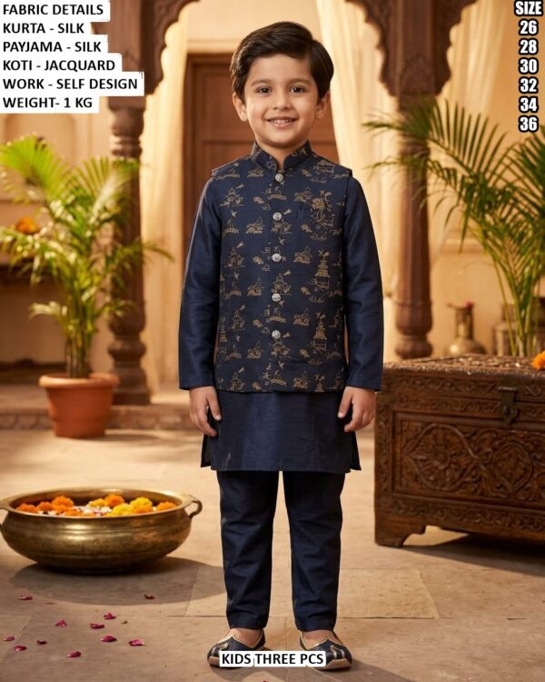 Boys Silk Kurta Pajama With Jacquard Koti