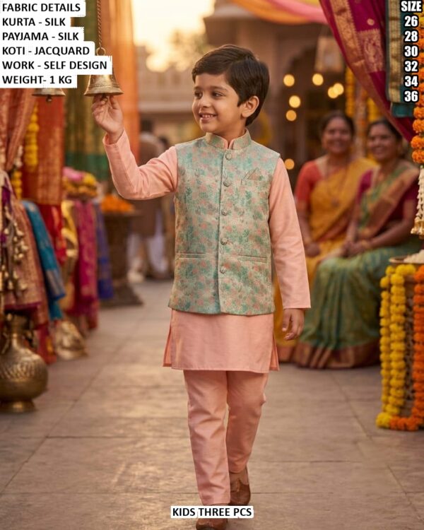 Boys Silk Kurta Pajama With Jacquard Koti