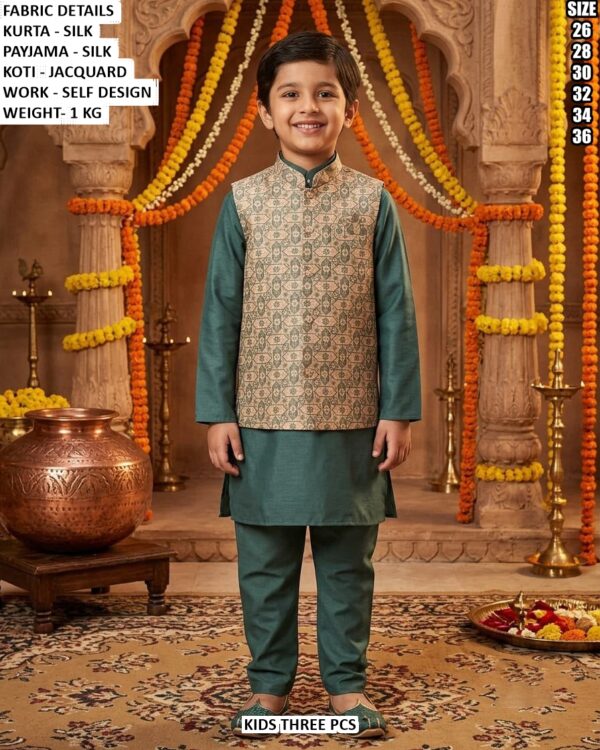 Boys Silk Kurta Pajama With Jacquard Koti