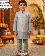 Boys Silk Kurta Pajama With Jacquard Koti
