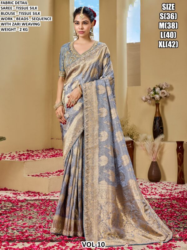 Designer Tissue Silk Saree With Beads Work