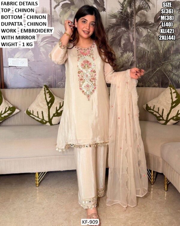 Chinon Embroidered Kurta Pant Dupatta Set