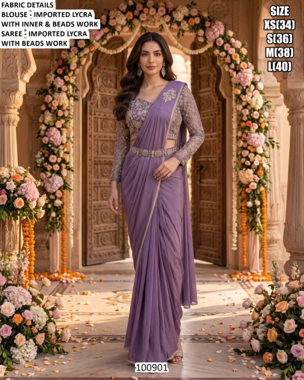 Women’s Imported Lycra Saree With Beads Work