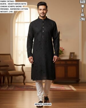 Festive Mens Kurta With Fine Schiffli Detail