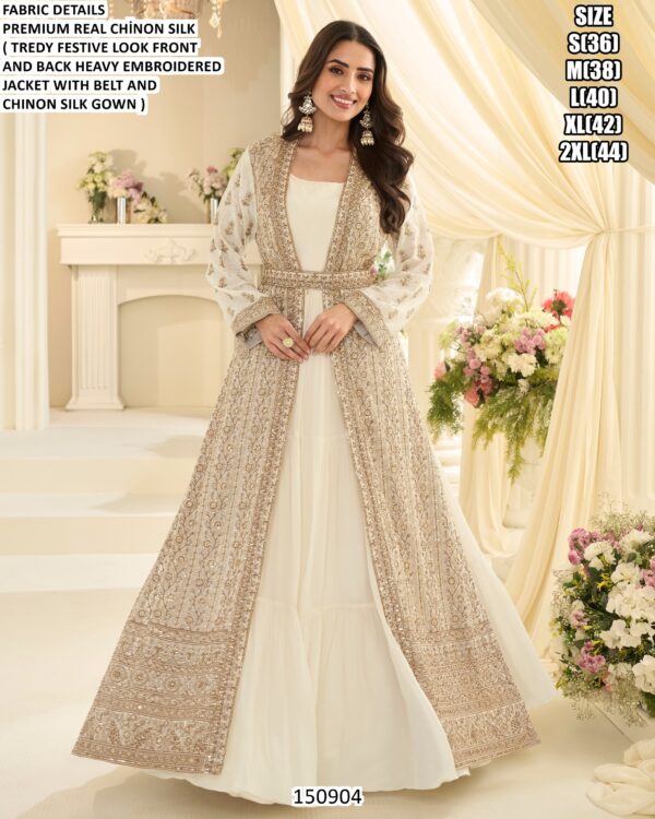 Premium Chinon Silk Gown With Embroidered Jacket