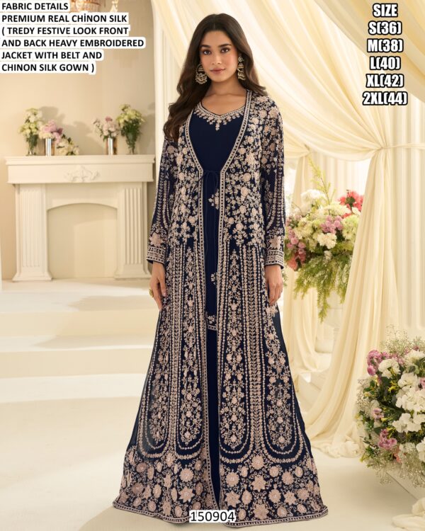 Premium Chinon Silk Gown With Embroidered Jacket