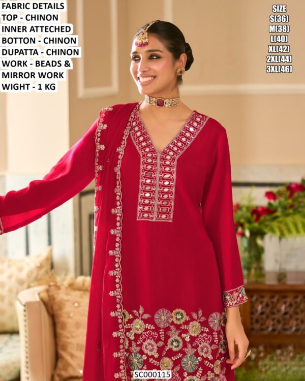 Party Wear Mirror Work Kurti Palazzo Dupatta Set