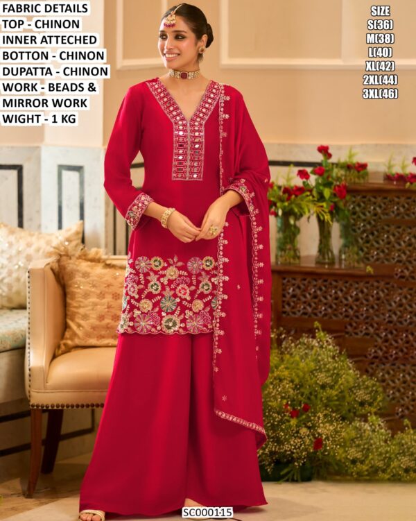 Party Wear Mirror Work Kurti Palazzo Dupatta Set