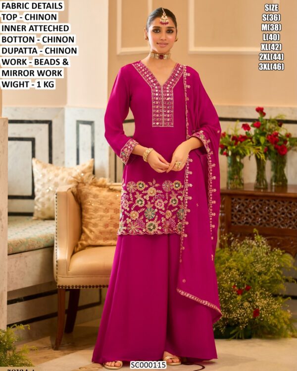 Party Wear Mirror Work Kurti Palazzo Dupatta Set
