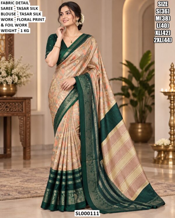 Traditional Tasar Silk Saree With Printed Floral Detail