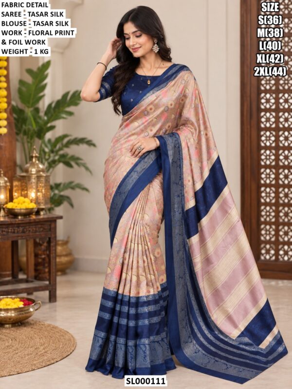Traditional Tasar Silk Saree With Printed Floral Detail