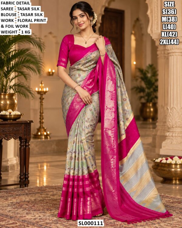 Traditional Tasar Silk Saree With Printed Floral Detail