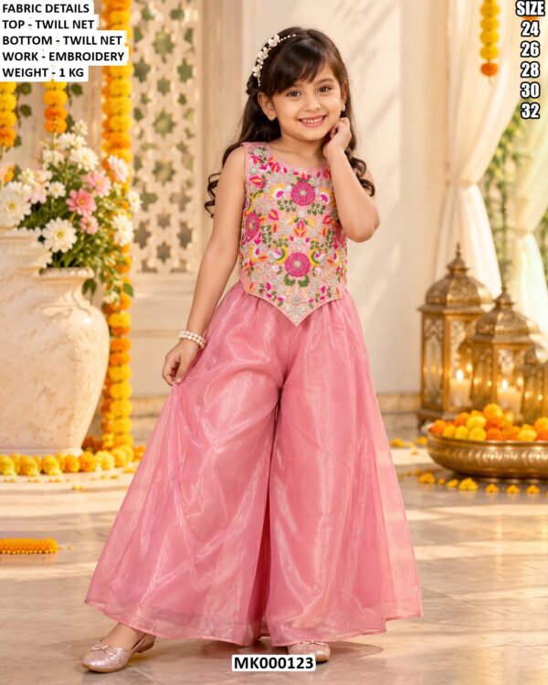 Girls Twill Net Ethnic Outfit With Floral Embroidery