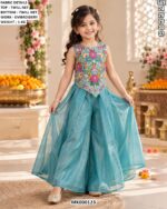 Girls Twill Net Ethnic Outfit With Floral Embroidery