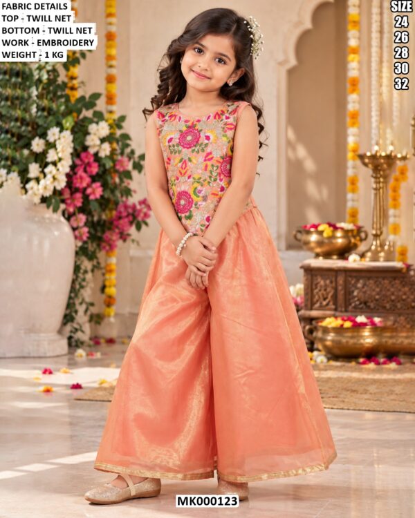 Girls Twill Net Ethnic Outfit With Floral Embroidery