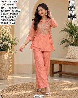 Designer Mosko Embroidered Shrug And Pant Set