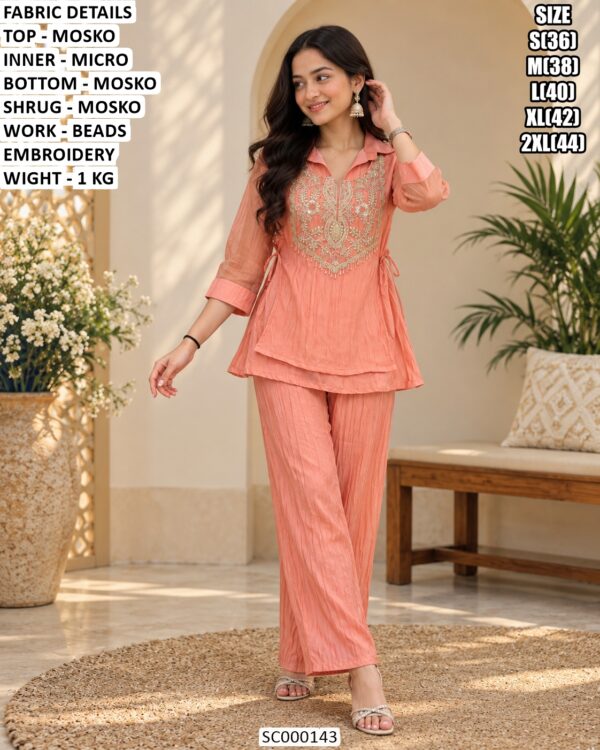 Designer Mosko Embroidered Shrug And Pant Set