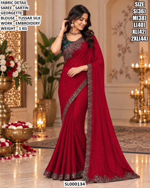Premium Satin Georgette Saree With Embroidered Border