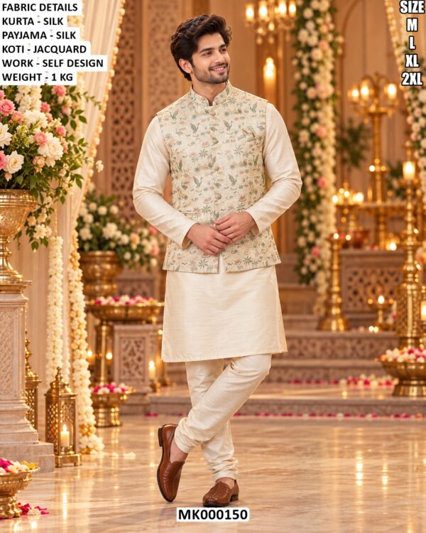 Men’s Silk Kurta Pajama With Jacquard Jacket