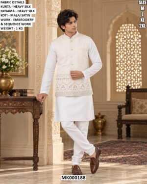 Men’s Malai Satin Jacket And Kurta Set