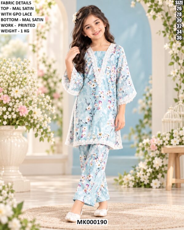 Girls’ Floral Printed Satin Kurta Pant Set