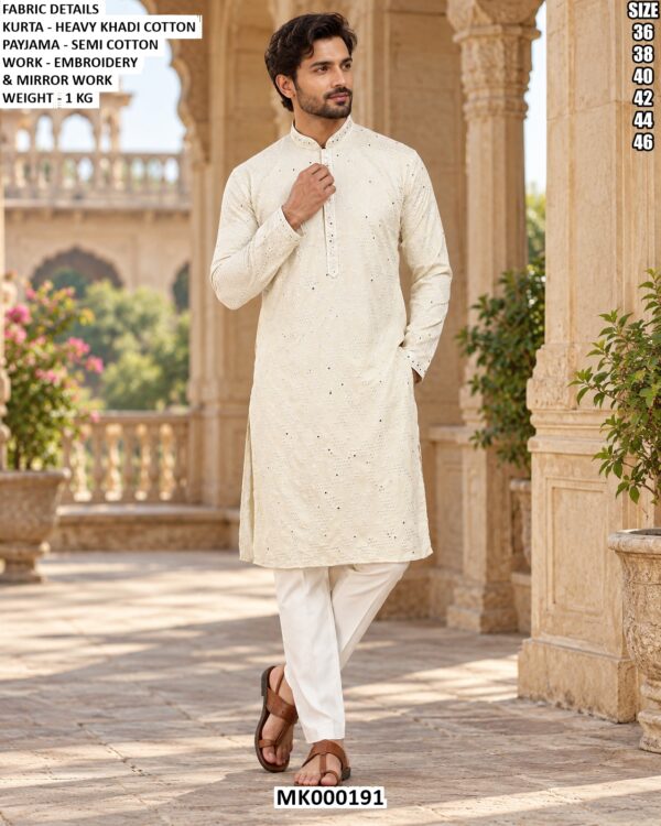 Festive Khadi Cotton Kurta With Mirror Details