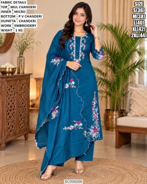 Floral Embroidered Chanderi Three Piece Suit